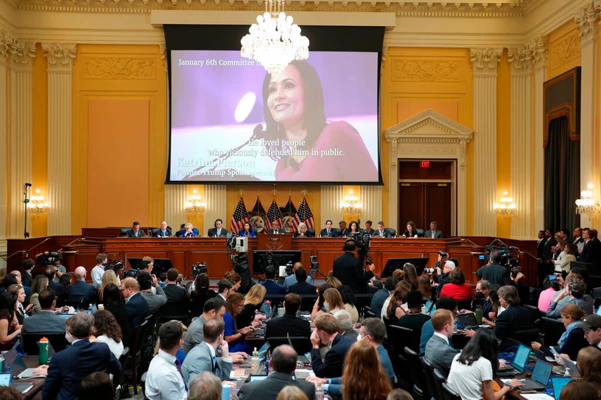 An image of Katrina Pierson is shown as the House select committee investigating the Jan. 6 attack on the U.S. Capitol holds a hearing at the Capitol in Washington, Tuesday, July 12, 2022. (AP)