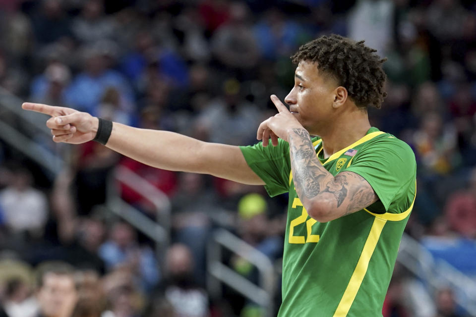 Oregon's Jadrian Tracey reacts during the second half of a first-round college basketball game against South Carolina in the NCAA Tournament in Pittsburgh, Thursday, March 21, 2024. (AP Photo/Gene J. Puskar)