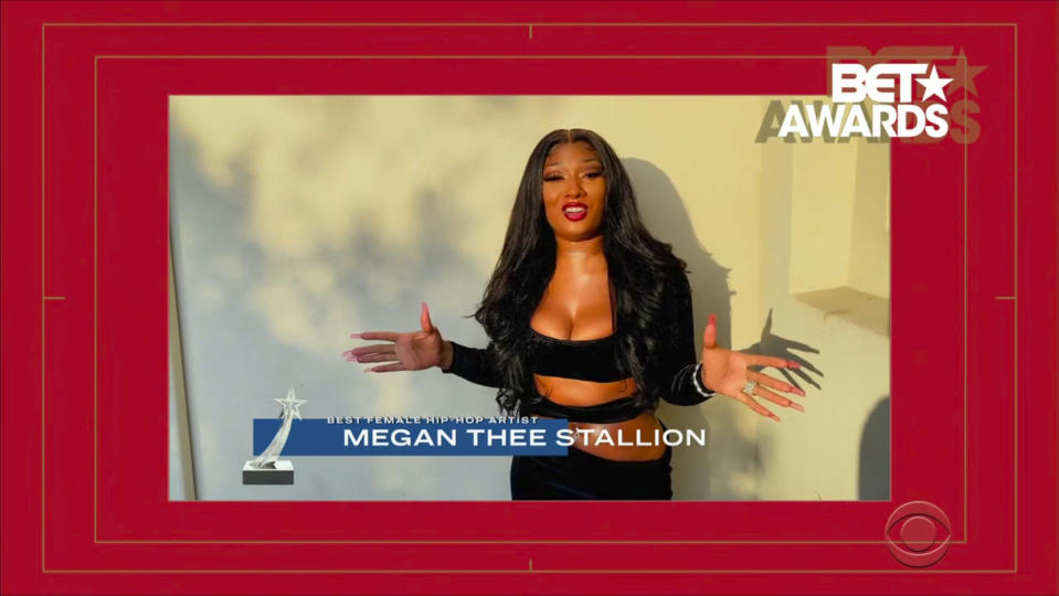 In this video grab issued Sunday, June 28, 2020, by BET, Megan Thee Stallion accepts the award for best female hip-hop artist during the BET Awards. (BET via AP)