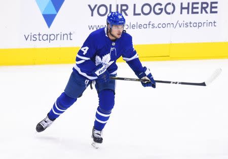 Oct 20, 2018; Toronto, Ontario, CAN; Toronto Maple Leafs center Auston Matthews (34) skates during the warm up against the St. Louis Blues at Scotiabank Arena. Mandatory Credit: Nick Turchiaro-USA TODAY Sports