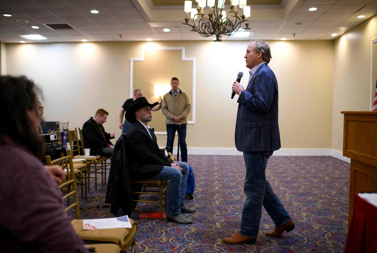 Texas Attorney General Ken Paxton endorses David Covey at a True Texas Project event in Beaumont on Monday, Jan. 15, 2024. Covey is running against House Speaker Dade Phelan in the Republican primary.