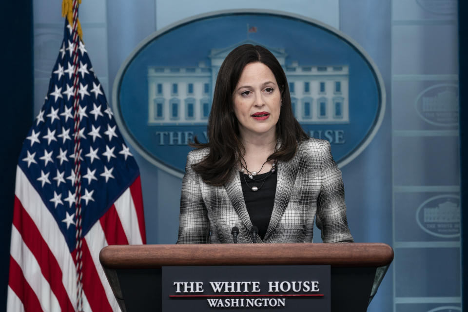 Anne Neuberger, Deputy National Security Advisor for Cyber and Emerging Technology, speaks with reporters in the James Brady Press Briefing Room at the White House, Friday, Feb. 18, 2022, in Washington. (AP Photo/Alex Brandon)