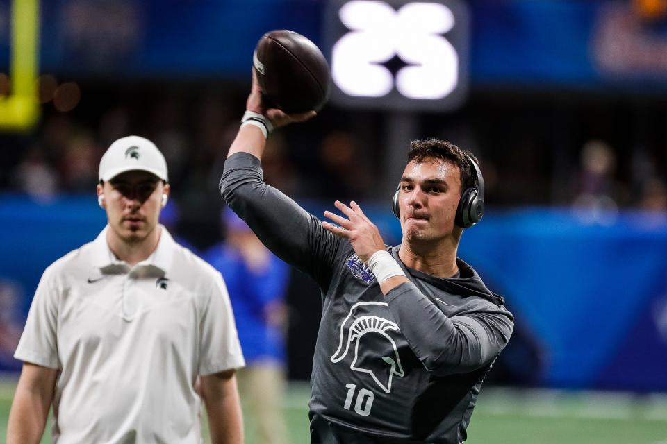 Michigan State quarterback Payton Thorne warms up before the Peach Bowl against Pittsburgh at the Mercedes-Benz Stadium in Atlanta on Thursday, Dec. 30, 2021.