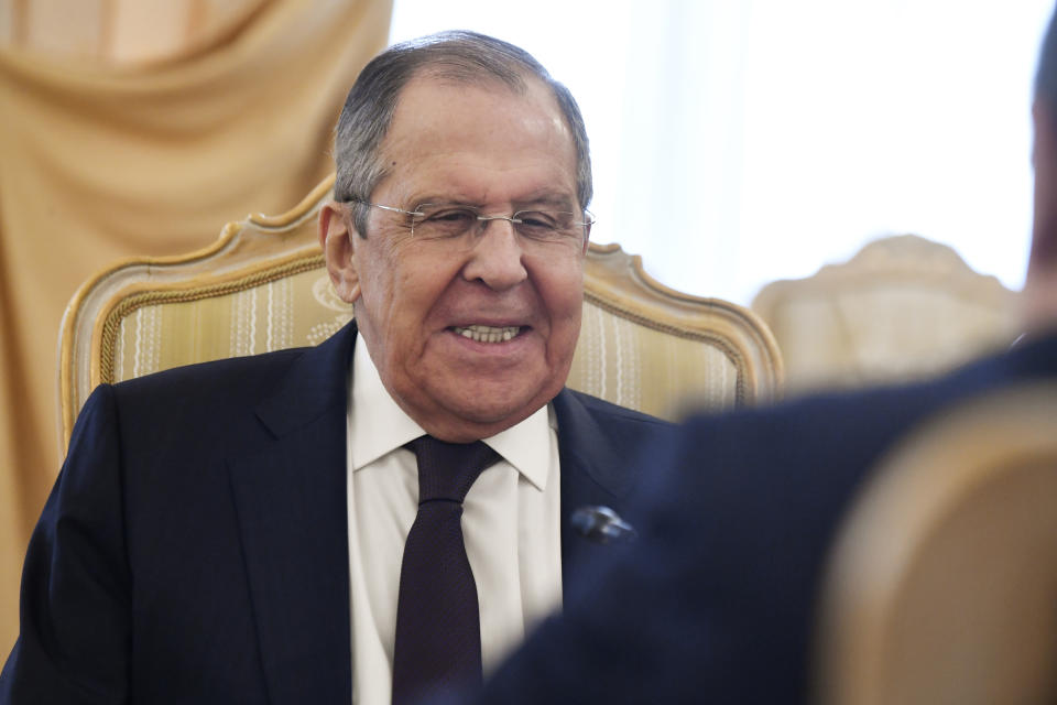 Russian Foreign Minister Sergey Lavrov attends a meeting with his Serbian counterpart Ivica Dacic in Moscow, Russia, Thursday, March 21, 2024. (Olga Maltseva /Pool Photo via AP)