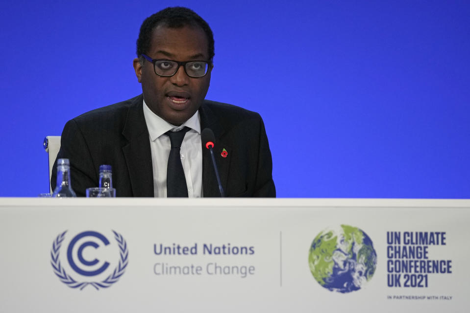 Kwasi Kwarteng, Britain's Secretary of State for Business, Energy and Industrial Strategy speaks on Energy at the COP26 U.N. Climate Summit in Glasgow, Scotland, Thursday, Nov. 4, 2021. The U.N. climate summit in Glasgow gathers leaders from around the world, in Scotland's biggest city, to lay out their vision for addressing the common challenge of global warming. (AP Photo/Alastair Grant)