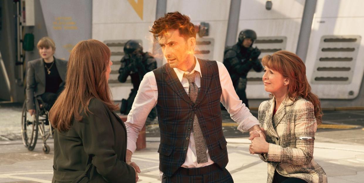 catherine tate as donna noble, david tennant as the doctor, bonnie langford as mel, doctor who the giggle