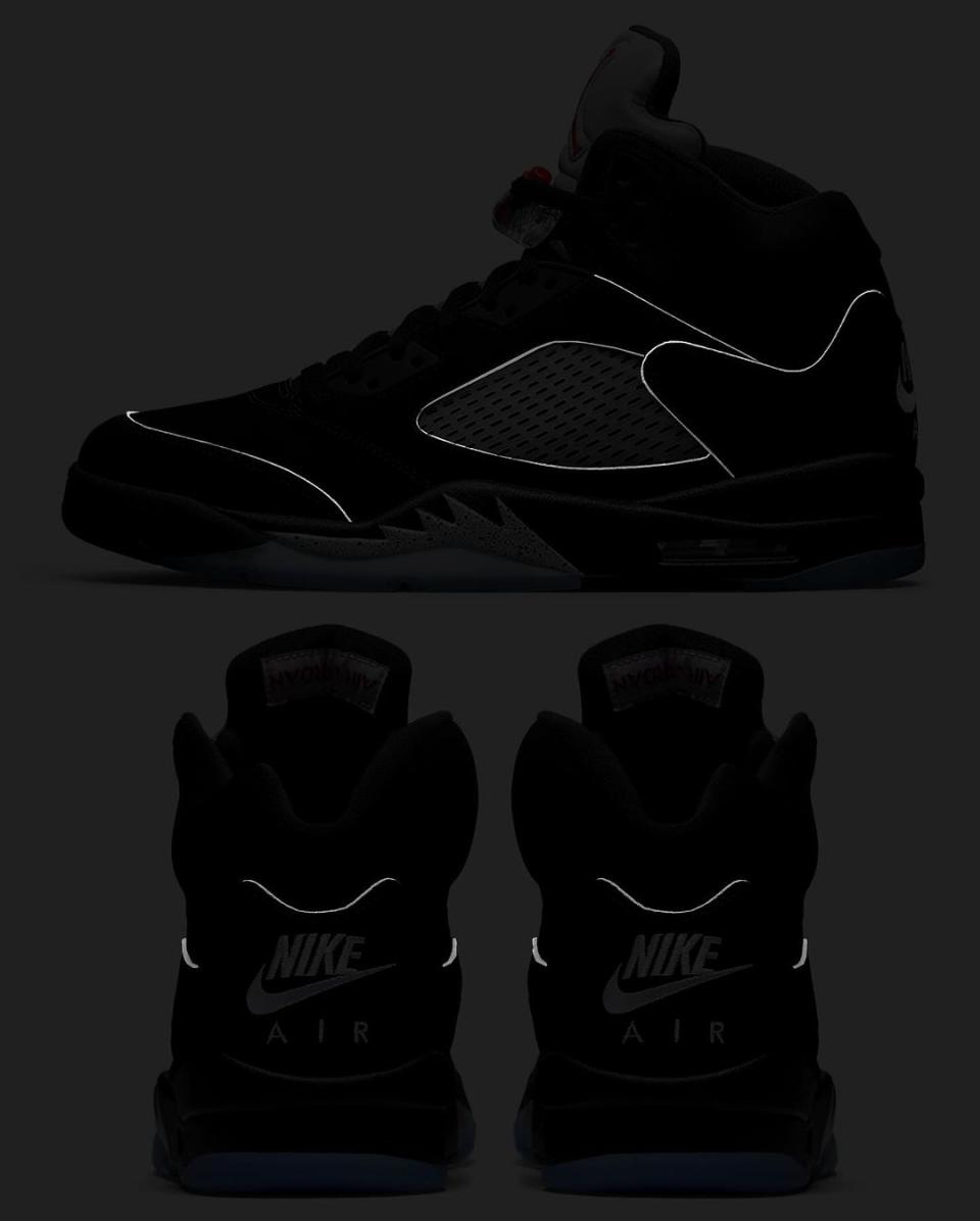 A mock-up render of what the Air Jordan 5 “Black/Metallic” Reimagined could look like.