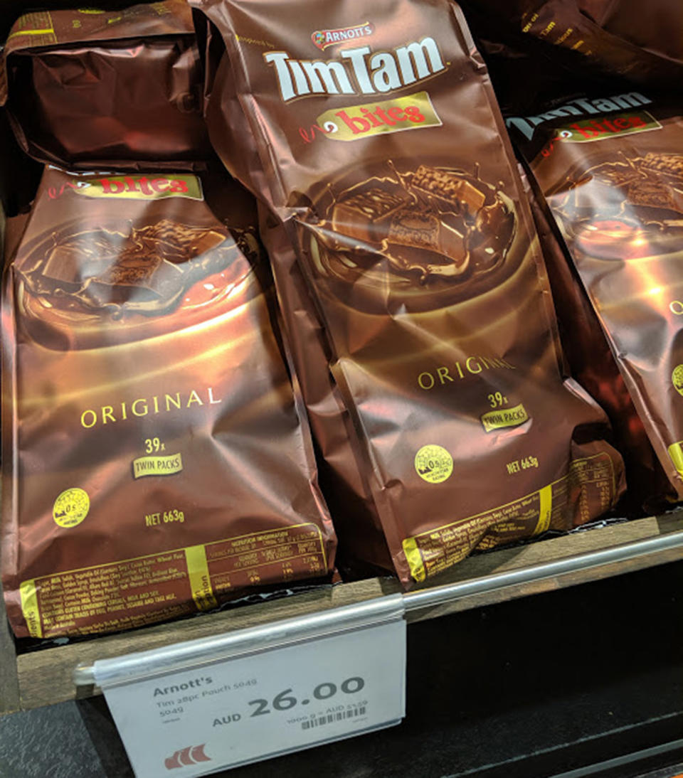 A packet of Tim Tams was spotted on sale at Sydney Airport for $26. Source: Jpatokal / Reddit
