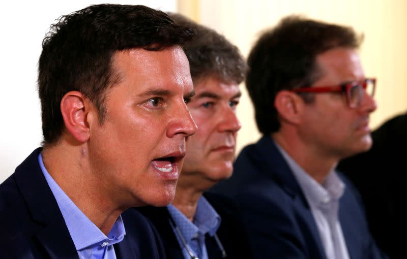 FILE PHOTO: Three victims of clerical sexual abuse in Chile Juan Carlos Cruz, James Hamilton and Jose Andres Murillo attend a news conference at the Foreign Press in Rome