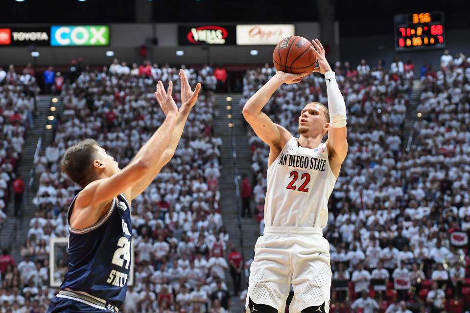 SAN DIEGO, CA - FEBRUARY 01: San Diego State Aztecs guard Malachi Flynn (22) shoots the ball during a college basketball game between the Utah State Aggies and the San Diego State Aztecs on February 01, 2020 at Viejas Arena at Aztec Bowl in San Diego, CA.  (Photo by Justin Fine/Icon Sportswire via Getty Images)