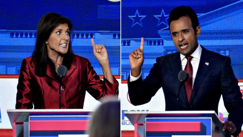 PHOTO: Nikki Haley, left, Ron DeSantis, center, and Vivek Ramaswamy are seen during the Republican primary presidential debate, Sept. 27, 2023, in Simi Valley, Calif. (Eric Thayer/Bloomberg via Getty Images)