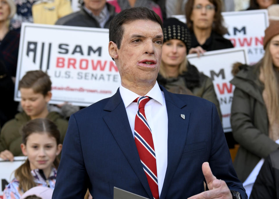 FILE - Republican senatorial candidate Sam Brown speaks after filing his paperwork to run for the Senate, March 14, 2024, at the State Capitol in Carson City, Nev. Brown is seeking to replace incumbent U.S. Sen. Jacky Rosen. (AP Photo/Andy Barron)
