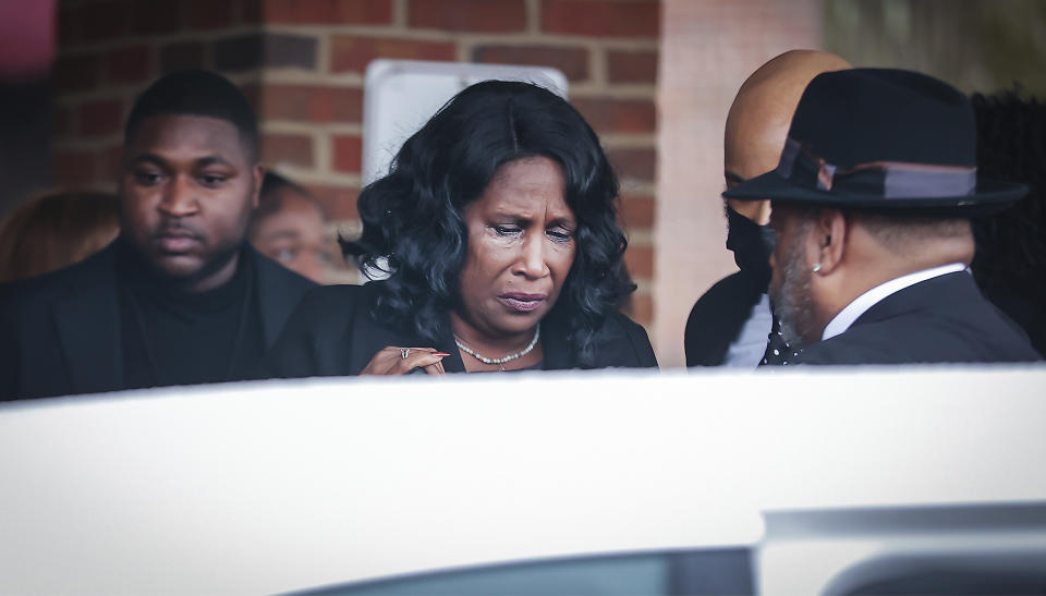 RowVaughn Wells, the mother of Tyre Nichols, gets into the a limousine after her son's funeral at Mississippi Boulevard Christian Church in Memphis, Tenn., on Wednesday, Feb. 1, 2023. (Patrick Lantrip/Daily Memphian via AP)