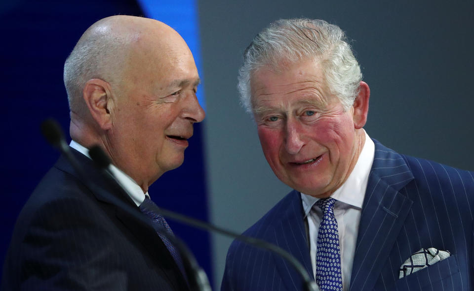 Britain's Prince Charles speaks with Klaus Schwab, Founder and Executive Chairman of World Economic Forum, before his special address at the 50th World Economic Forum (WEF) annual meeting in Davos, Switzerland, January 22, 2020. REUTERS/Denis Balibouse