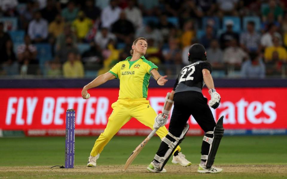 Australia's Adam Zampa pitches a delivery during the Cricket Twenty20 World Cup final match - AP