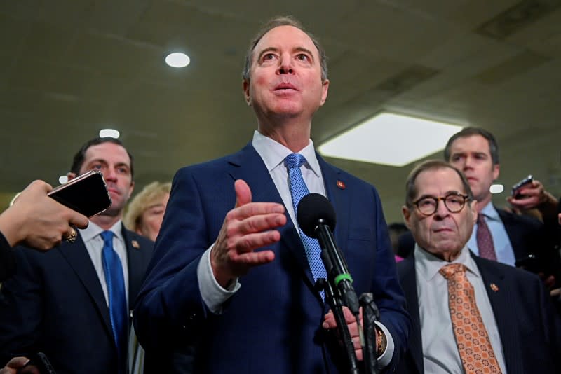 House manasgers Schiff and Nadler face reporters on fourth day of Trump impeachment trial on Capitol Hill in Washington