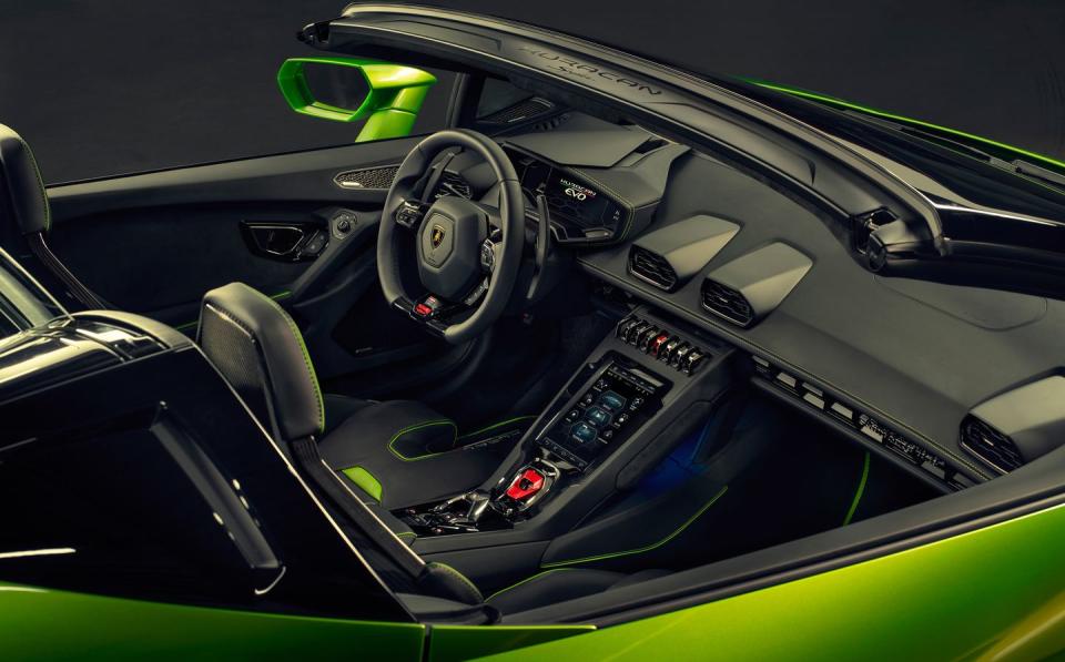 <p>According to Lamborghini, the Evo Spyder still possesses more than five times the downforce and efficiency of <a rel="nofollow noopener" href="https://www.caranddriver.com/reviews/a15103547/2016-lamborghini-huracan-lp610-4-spyder-first-drive-review/" target="_blank" data-ylk="slk:the original Huracán Spyder;elm:context_link;itc:0;sec:content-canvas" class="link ">the original Huracán Spyder</a> no matter whether the top is up or down.</p>