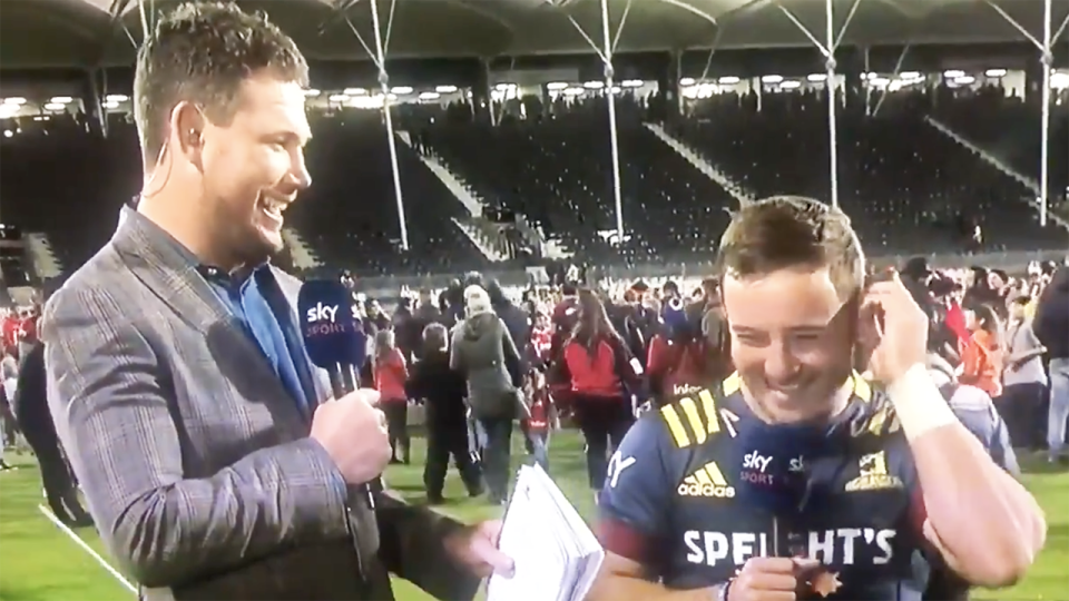 Rugby commentator Joey Wheeler, left, has apologised for using a mock Asian accent in a post-match interview. Picture: Twitter