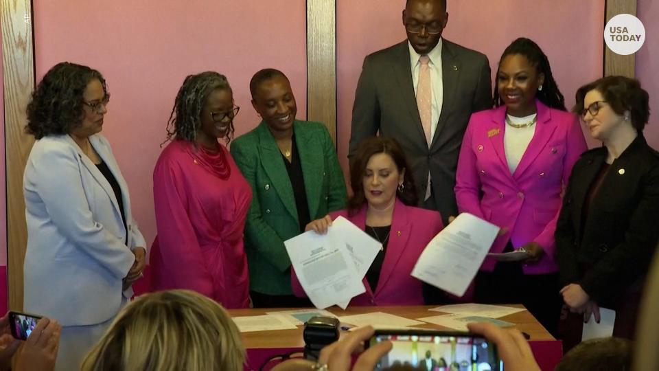 Michigan governor Gretchen Whitmer repeals a 1931 abortion ban on April 5, 2023.