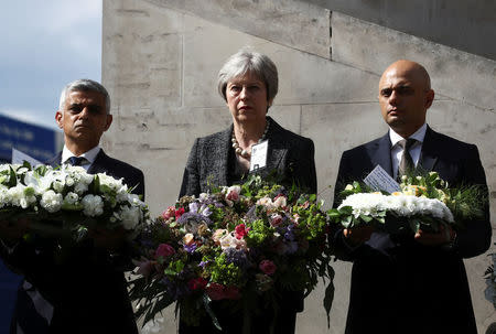 Britain's Prime Minister Theresa May, London's Mayor Sadiq Khan and Home Secretary Sajid Javid hold wreaths during commemorations of the first anniversary of the attack on London Bridge, in London, Britain, June 3, 2017. REUTERS/Simon Dawson