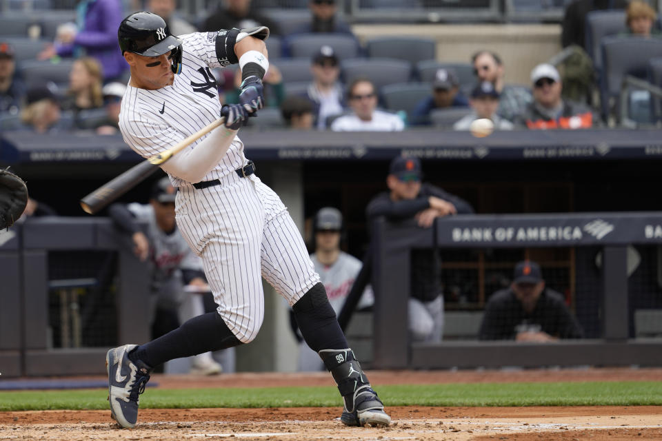 New York Yankees' Aaron Judge hits an RBI double in the third inning of a baseball game against the Detroit Tigers, Saturday, May 4, 2024, in New York. (AP Photo/Mary Altaffer)