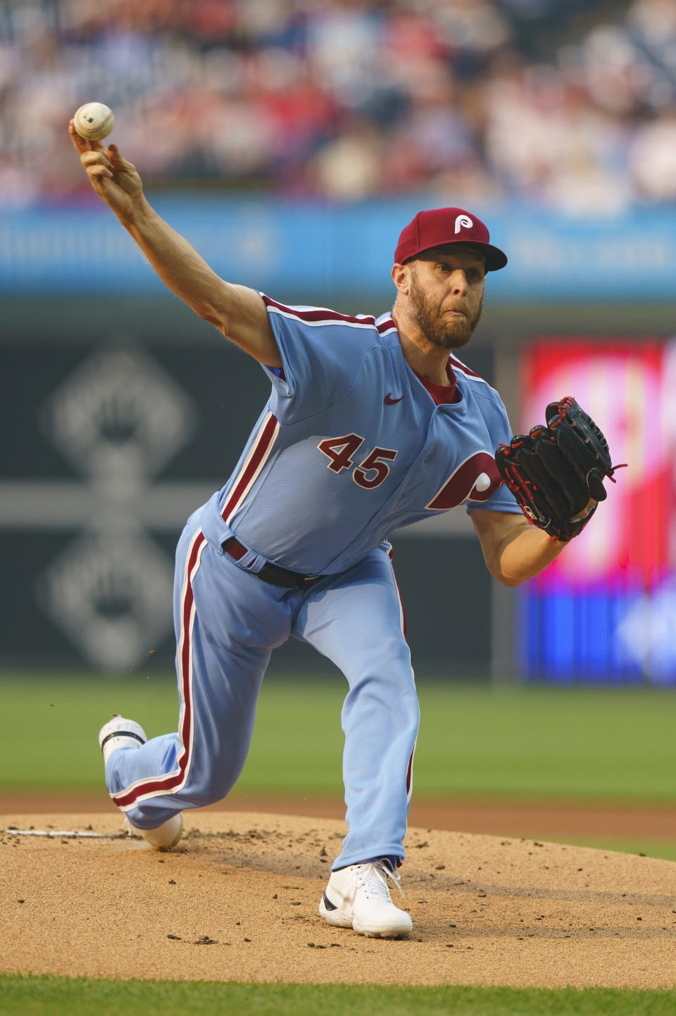 Philadelphia Phillies starting pitcher Zack Wheeler delivers during the first inning of the team's baseball game against the Detroit Tigers, Thursday, June 8, 2023, in Philadelphia. (AP Photo/Chris Szagola)