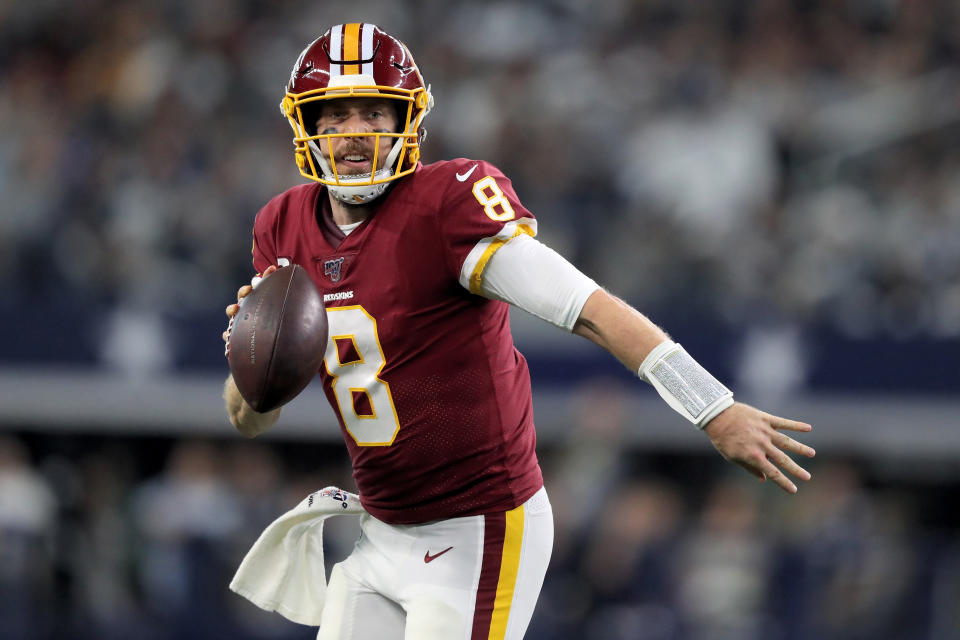 ARLINGTON, TEXAS - DECEMBER 29: Case Keenum #8 of the Washington Redskins scrambles in the second quarter against the Dallas Cowboys in the game at AT&T Stadium on December 29, 2019 in Arlington, Texas. (Photo by Tom Pennington/Getty Images)