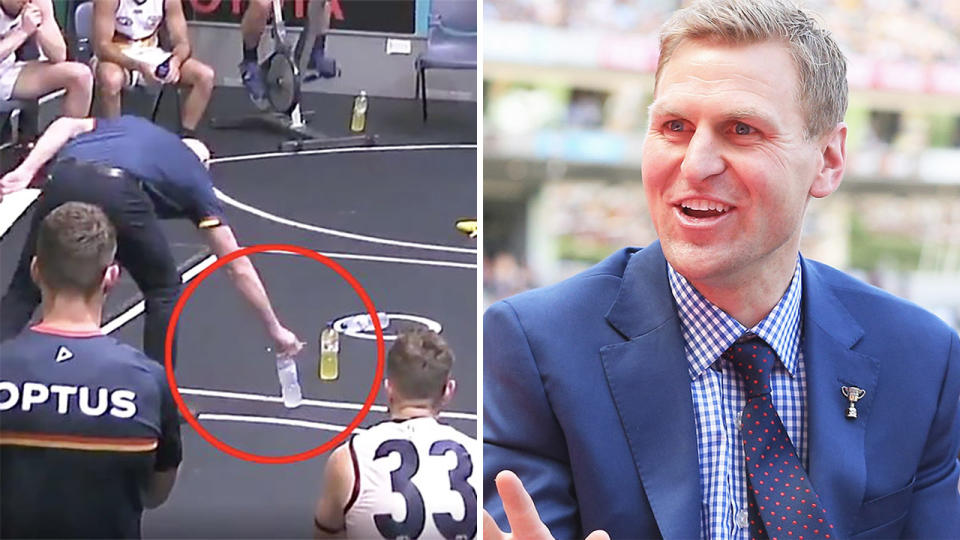 Port Adelaide legend Kane Cornes (pictured right) talking and Adelaide coach Matthew Nicks' coaching (pictured left).