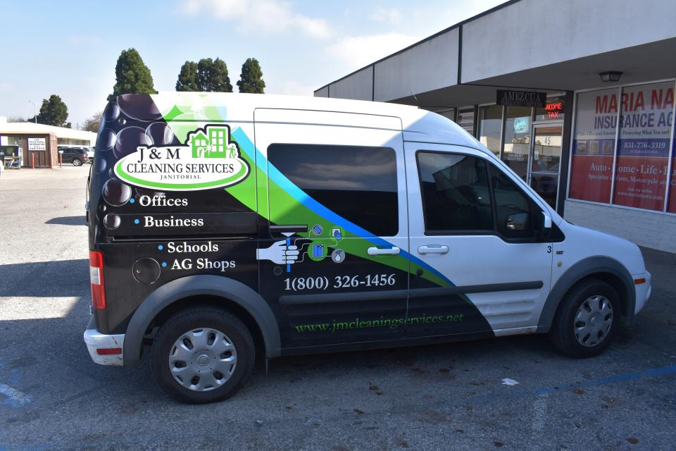 J&M Cleaning Services workers travel in vans loaded with cleaning supplies to keep Salinas work places sanitized as COVID-19 pandemic continues.