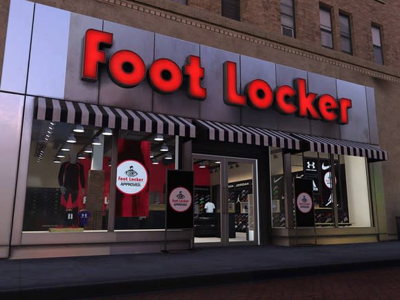 Foot Locker storefront with sale signs in the windows