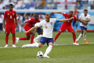<p>England’s Harry Kane kicks a penalty to score his team’s second goal </p>