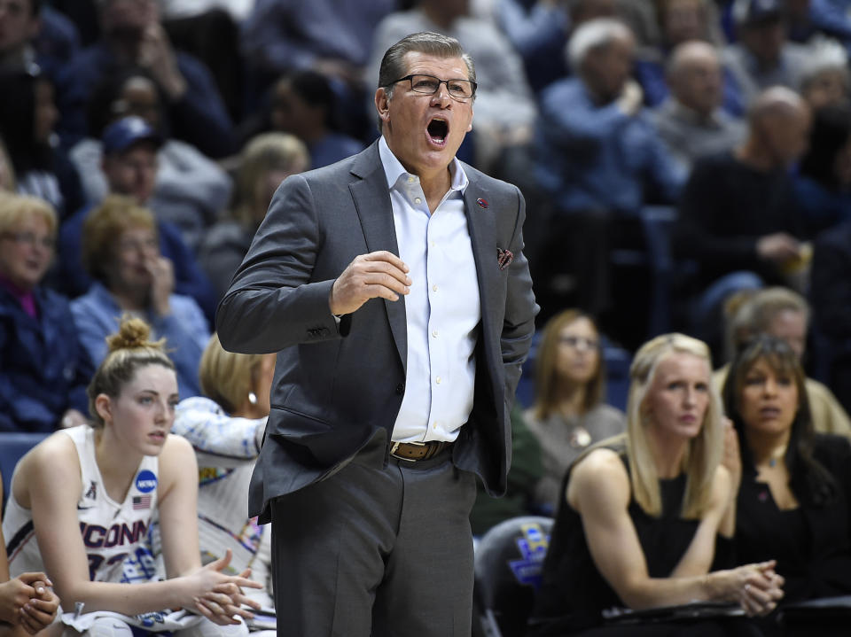 Connecticut head coach Geno Auriemma calls out to his team during the first half of a first round round of a women's college basketball game against Albany in the NCAA Tournament, Saturday, March 18, 2017, in Storrs, Conn. (AP Photo/Jessica Hill)