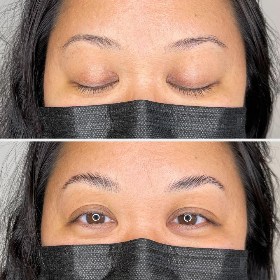 Up close shot of Crystal's before and after eyebrows