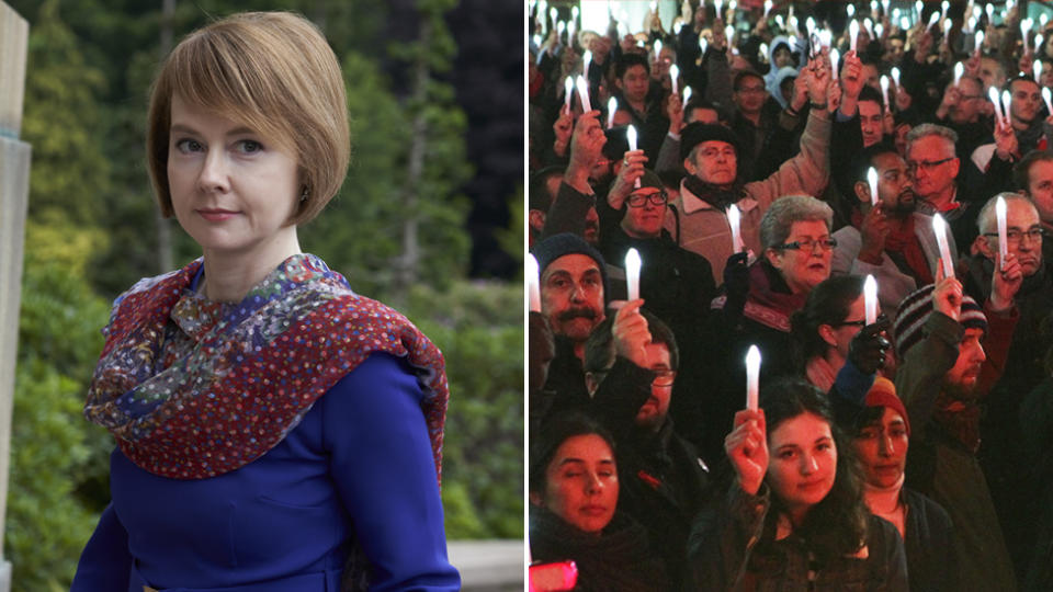 Ukraine's Deputy Foreign Minister Olena Zerkal (left) A 2014 candlelight vigil in Federation square to remember those killed in Flight MH17 (right). Source: Getty/AAP