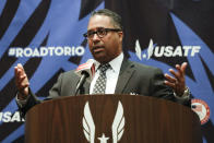 FILE - Max Siegel, CEO of USA Track & Field, talks during a news conference at the U.S. Olympic Track and Field Trials in Eugene Ore., in this Tuesday, July 5, 2016, file photo. The connection that might best illustrate the tangled web Nike weaves with its running partners is the 23-year sponsorship deal worth a reported $500 million it cut with USA Track and Field back in 2014. It was widely criticized in some corners — USATF CEO Max Siegel took heat for underselling the sport's growth potential with an arrangement set to last through 2040. (AP Photo/Matt Slocum, File)