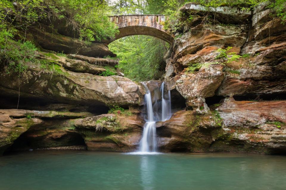 Upper Falls Waterfall at Old Mans Cave Hocking Hills State Park in Ohio