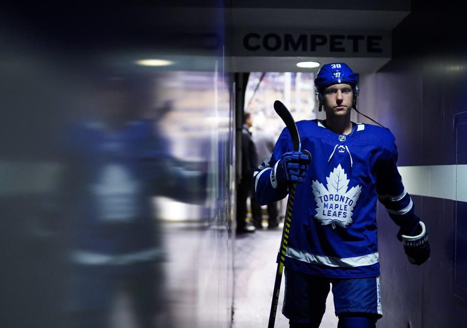 TORONTO, ON - OCTOBER 5: Rasmus Sandin #38 of the Toronto Maple Leafs walks to the dressing room before playing the Montreal Canadiens at the Scotiabank Arena on October 5, 2019 in Toronto, Ontario, Canada. (Photo by Mark Blinch/NHLI via Getty Images)