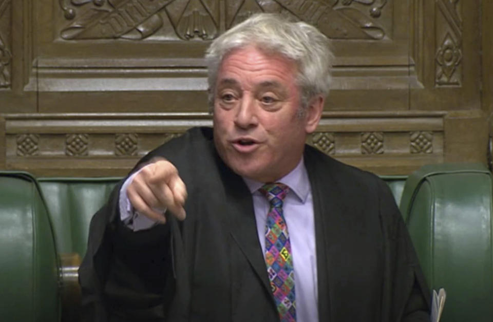 Speaker of Britain's House of Commons John Bercow gestures makes a statement in the House of Commons in London whether Government can hold a debate and vote on the Brexit deal with Europe, Monday Oct. 21, 2019. The government request for a meaningful vote inside the House of Commons is rejected Monday by Speaker Bercow. (House of Commons via AP)