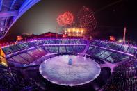 <p>Fireworks go off during the opening ceremony of the Pyeongchang 2018 Winter Olympic Games at the Pyeongchang Stadium on February 9, 2018. / AFP PHOTO / François-Xavier MARIT </p>