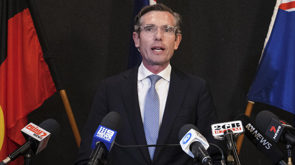 NSW Premier Dominic Perrotet is pictured during a press conference.