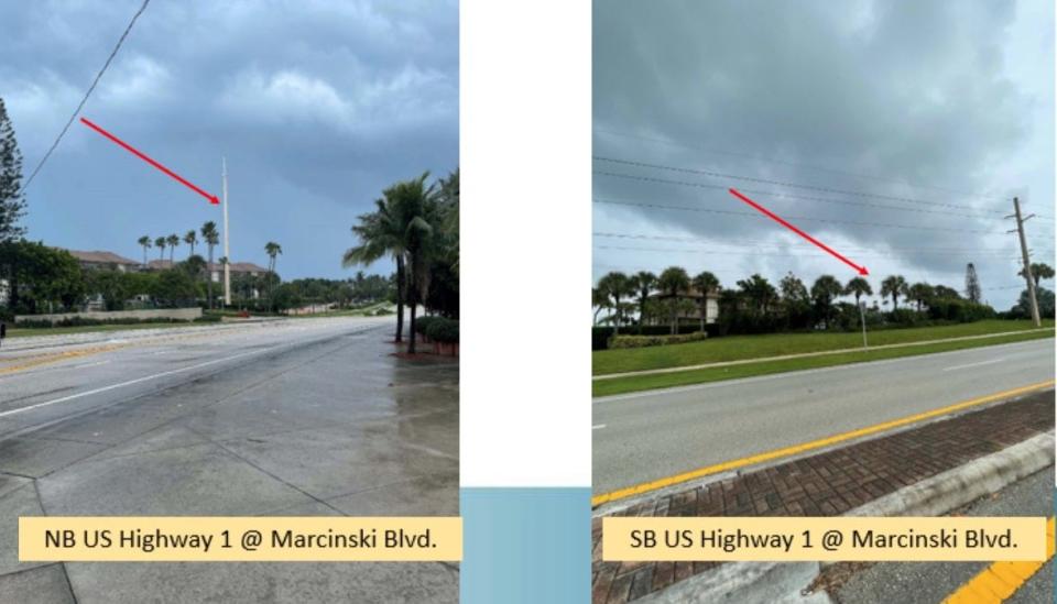 Renderings from the Jupiter Police Department show the location of a 100-foot police radio pole in the parking lot of Ocean at the Bluffs South off U.S. 1. The pole has not yet been constructed, but Police Chief David England super imposed a rendering of the pole on street view photos to show nearby residents what it will look like.