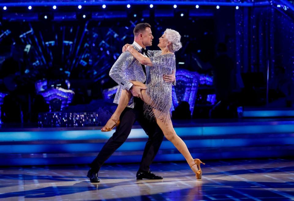 Angela Rippon and Kai Widdrington dance during the first live show (BBC/Guy Levy)