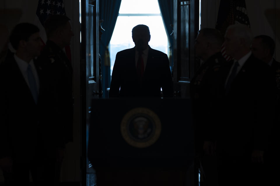 President Donald Trump arrives to address the nation from the White House on the ballistic missile strike that Iran launched against Iraqi air bases housing U.S. troops, Wednesday, Jan. 8, 2020, in Washington. (AP Photo/ Evan Vucci)