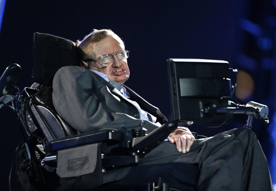 British physicist, Professor Stephen Hawking speaks during the Opening Ceremony for the 2012 Paralympics in London, Wednesday Aug. 29, 2012.  (AP Photo/Matt Dunham)