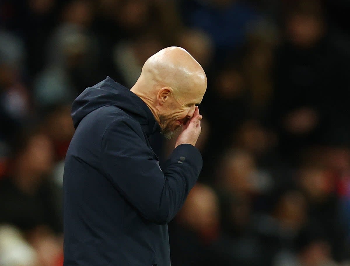 Under pressure: Erik ten Hag will face questions over his future after another dismal home defeat at Old Trafford (REUTERS)