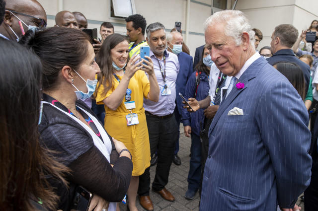 LONDON, UNITED KINGDOM - JUNE 17:  Prince Charles, Prince of Wales meets NHS staff during a visit to the Chelsea & Westminster hospital on June 17, 2021 in London, England. The Prince of Wales, President of Prince&#x002019;s Trust, will meet front-line workers from Chelsea & Westminster and Lewisham & Greenwich NHS Trusts and will hear how Prince&#x002019;s Trusts&#x002019; Health and Social Care programmes supported them into NHS employment and thank them for their service during the Pandemic.  (Photo by Steve Reigate-WPA Pool/Getty Images)