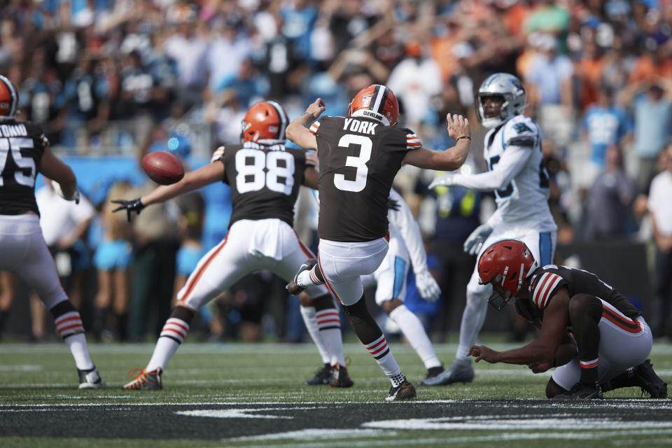 Cleveland Browns place kicker Cade York (3) connects on a game winning 58-yard field goal during an NFL football game against the Carolina Panthers, Sunday, Sep. 11, 2022, in Charlotte, N.C. (AP Photo/Brian Westerholt)