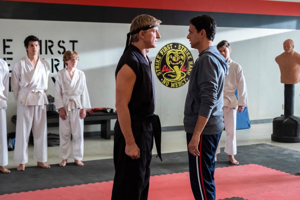William Zabka, left, and Ralph Macchio in a scene from "Cobra Kai," now streaming on Netflix.