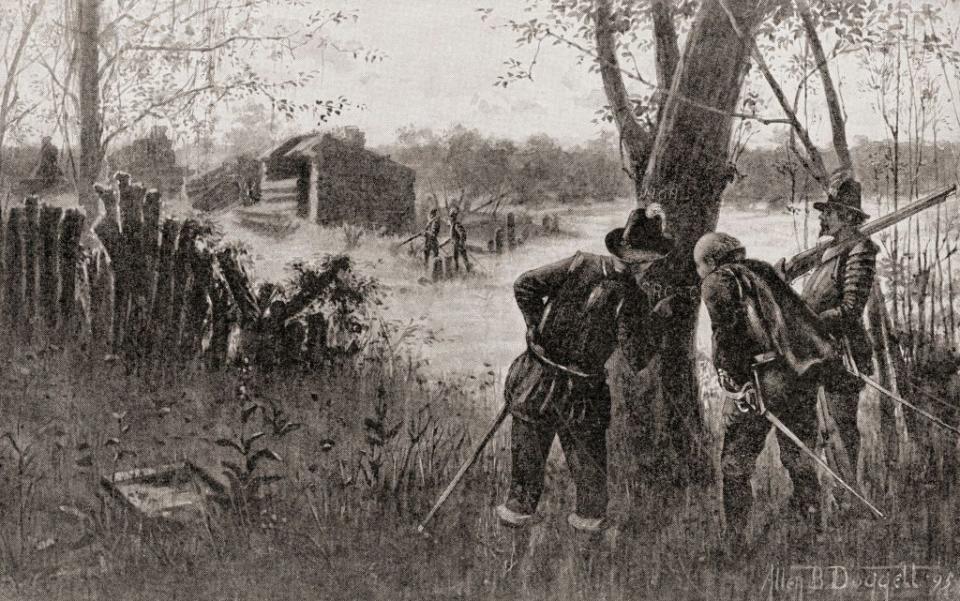 illustration of several people in a field with a few trees and a building in the distance