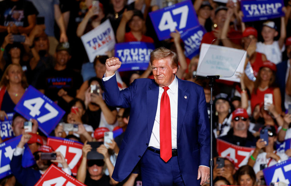 Republican presidential candidate and former U.S. President Donald Trump responds at a rally in Las Vegas, Nevada, U.S., September 13, 2024. REUTERS/Piroschka Van de Wouw